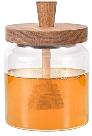 Peevisap Pot Miel Transparent 500 ml Avec Couvercle, Distributeur Miel, Pot a Miel avec Cuillere, Pot de Miel avec Cuillere en Bois, pour Stockage de Miel de Ruches, Sirop, Conservation Culinaire
