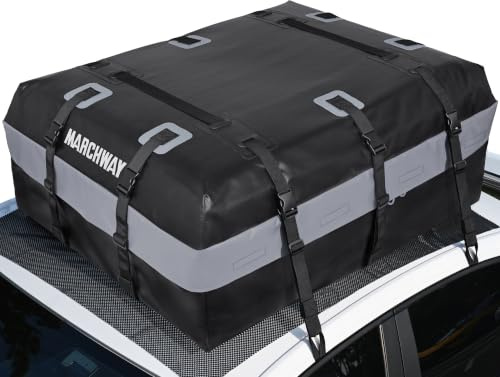 MARCHWAY Waterproof Rooftop Cargo Carrier Bag, Fits Cars with/without Racks | Car Roof Luggage Bag, Soft Shell, with 6 Door Hooks, Anti-Slip Mat, Lock, 21 Cubic Feet, Tough PVC for Sedan, SUV, Off-Roader