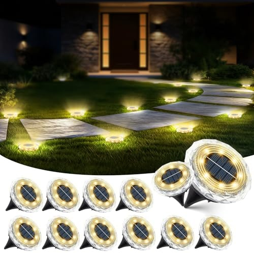 12 Pack Solar Lights Outdoor Garden Ground Light for Yard Patio Driveway | Auto On-Off,Outdoor Waterproof,Long Lasting,Solar Disk Lights for Pathway Walkway Lawn Decor,Warm White