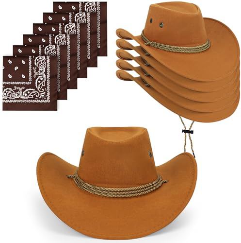 12 Pièces Chapeau de Cowboy et Bandana, Chapeau de Cowgirl, Accessoire de déguisement d'halloween, Lot de Chapeaux Western pour fête ou Spectacle (Marron)
