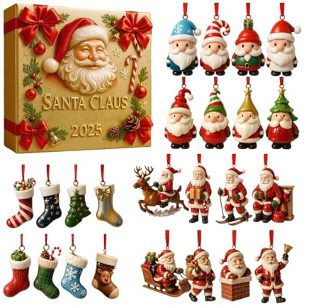 Jul nedräkningskalender 2D akryl tomtedekoration, figur, hänge, 24 dagars souvenir, charm, accentdisplay samlarprydnad för fest vintersemester.