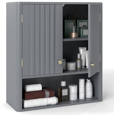 COSTWAY Bathroom Wall Cabinet, Wooden Over-The-Toilet Storage Cupboard with 2 Fluted Doors & Open/Adjustable Shelf, Wall Mounted Medicine Cabinet Bathroom Unit for Living Room Kitchen Laundry (Grey)