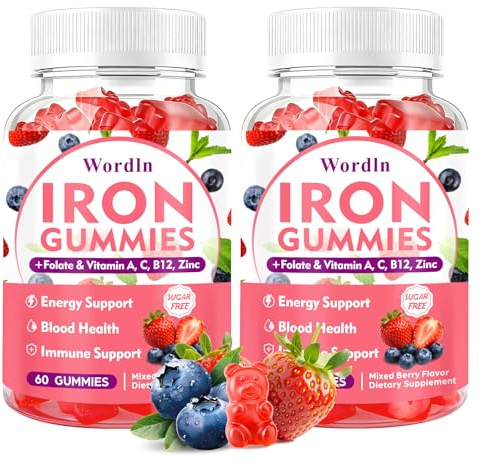 Iron Gummies for Women, Men & Kids, Vegan Iron Supplement with Vitamin C, B12, Folate for Energy Support & Immune Health, Sugar Free, 60 Gummies (Pack of 2)