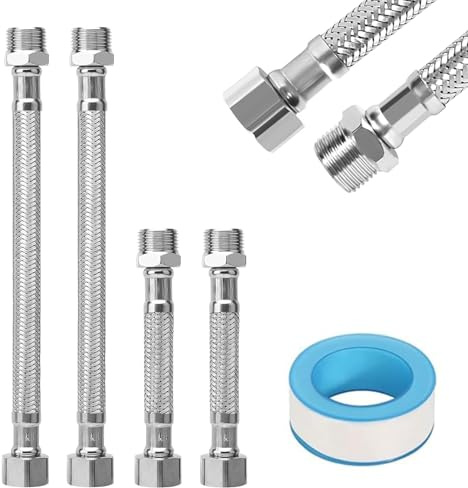 Flexschlauch 3/8, 4 Stück 304 Edelstahl Flexschlauch Panzerschlauch 3/8 Zoll mit Dichtungsband, Flexibler Armaturenschlauch Verlängerung für Wasserhahn für Wasserhahn Bad WC(20cm/10cm)