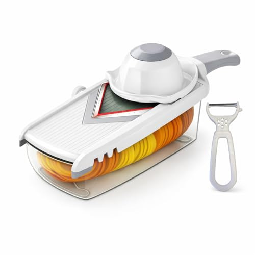 Daily-Max MAX-6038 Mandolina Tagliaverdure 5 in 1 con Lama a V in Acciaio Inox – Taglio a Rondelle e Julienne 0,4/0,8 mm – Sicura, Regolabile, con Contenitore e Pelapatate Incluso