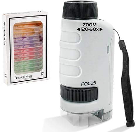 Microscopio Portátil for Niños De 60x a 120x, Microscopio De Bolsillo Educativo con Luz LED, Microscopios Pequeño con 12 Portaobjetos, Juguete Científico for Niños Y Niñas De 4 a 16 Años(White)