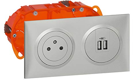 LEGRAND - Elektrische Steckdose mit Erde + doppeltes Ladegerät USB-A, vorverdrahtet, Dooxie Oberfläche + Einbaudose – Steckdose 2P + T bündig mit einziehbarem Boden – Aluminium