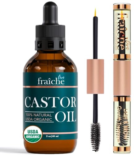 Live Fraiche Organic Castor Oil Lash Serum for Hair Growth, 100% Pure Eyebrow Eyelash Growth Serum, Cold Pressed Hexane Free (2oz Glass Bottle + FILLED Mascara Tube)