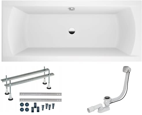 VBChome Badewanne 190x90 cm Acryl SET Füße Siphon Wanne Rechteck Weiß Design Modern Ablaufgarnitur in Chrom Alcaplast für 2 Personen