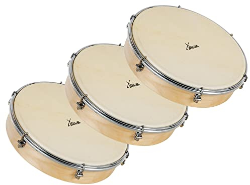 XDrum HTM-10S 10 Handtrommel mit Natur-Fell 3x Set - Rahmentrommel mit Naturfell - Stimmbar mit 6 Spannhaken - Holzrahmen aus Ahorn - Ergonomischer Griff - Natur