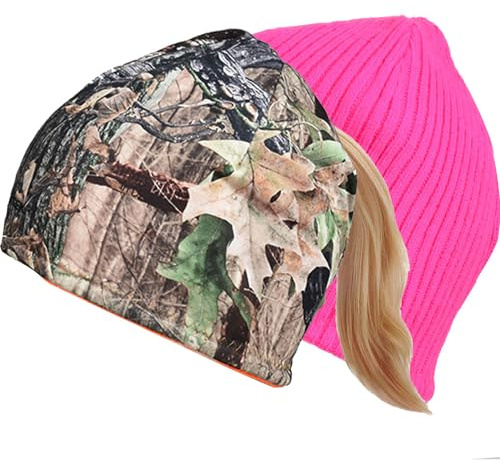EDTREK Womens Performance Reversible Ponytail Beanie - Windproof Fleece Winter Hat for Hiking Hunting Fishing(Blaze Pink-in Deep camo)