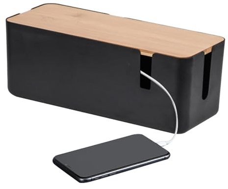 Kabelbox Schwarz, Kabelmanagement Box | Große Kabel Organizer Box Mit Bambusdeckel Für Kabel,Steckdosenleiste Unter Dem Schreibtisch Zur Organisation Von Computer, Router, USB Kabel