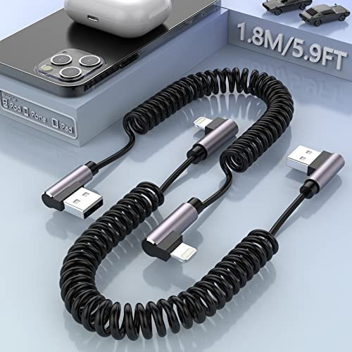 Coiled Lightning Cable, 90 Degree Nylon Braided Fast Charging Cable [Apple MFi Certified & CarPlay Compatible] 6ft Cord Data Transmission Compatible with iPhone 14/13/12/11/11Pro/11Max/X/XS/XR/XS Max/