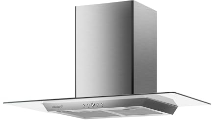 Hotte décorative murale BELDEKO 90 cm – Verre & Inox – 200 Watts - Débit 560 m³/h – 3 vitesses + LED – Recyclage ou évacuation – Marque française
