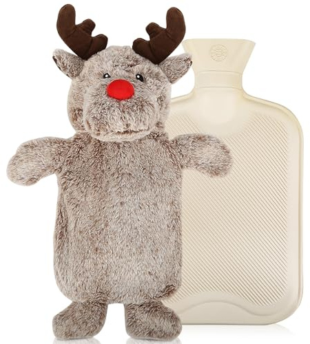 Bouillotte pour enfants, renne de Noël en peluche, 1 l, avec housse, thermophore animal avec caoutchouc, bouteille de lit pour enfants et adultes, bouillotte d'hiver pour cadeau