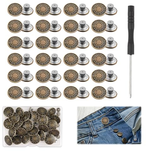 24 Pezzi Pulsanti per Jeans sostitutivi, 17mm Ottone Jeans Bottoni e Perni con Fissaggio, Perni Staccabili e Rimovibili per Bottoni Jean, per Jeans, Giacche, Vestiti, Gonna in Jeans
