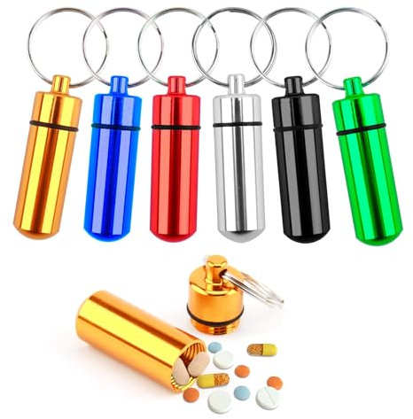 Lot de 6 boîtes porte-clés en alliage d'aluminium - 14 x 48 mm - pilule pour déplacements, pilule en métal - Étanche