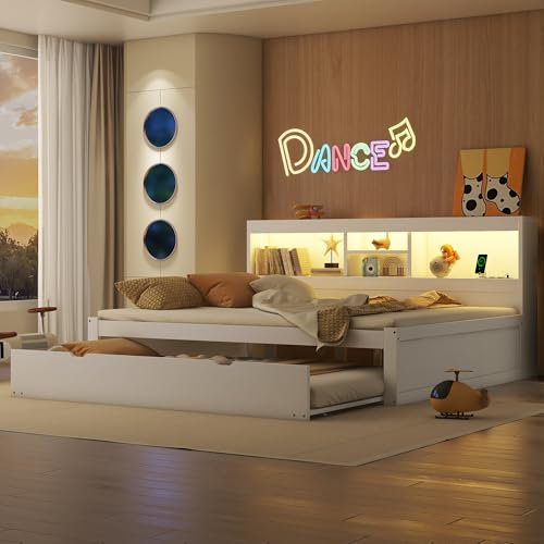 Gegtuon Doppelbett Holzbett 140x200 mit LED-Licht & USB-Buchse für Kinder, Jugendbett Funktionsbett mit Ausziehbares Bett und Stauraum Regal, Bettgestell mit Lattenrost aus Holz, ohne Matratze, Weiß