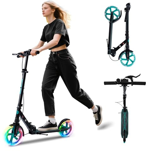 Kick Scooter for Kids Ages 6+ Teens & Adults, with front handbrake and Rear Brake, and Adjustable Handlebars, Big Sturdy PU flash Wheels Great Gift & Toy (Black)