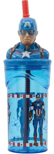 CARTOON Gobelet avec paille avec personnage 3D en plastique réutilisable BPA Free capacité 360 ml (Captain America (1))