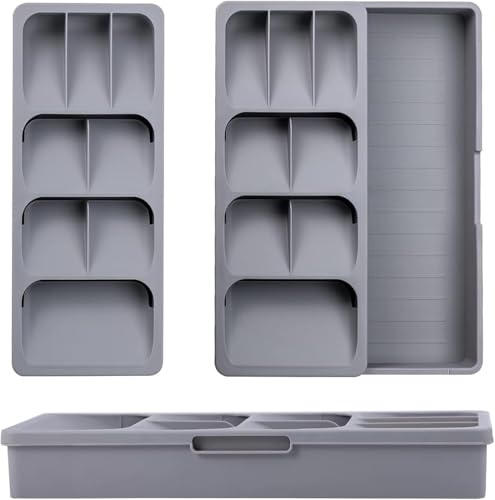 Mulikrio Expandable Cutlery Drawer Organiser with Side Tray, Adjustable Kitchen Utensil Organizer for Spoons Forks Knives & Large Tools, Space Saving Drawer Storage for Kitchen, BPA-Free Plastic