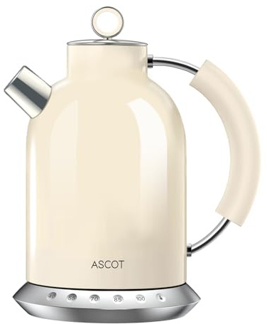 ASCOT Wasserkocher Edelstahl mit 5 variablen Voreinstellungen, Elektrischer Teekessel Kaffee Wasserkocher, 30Mins warm halten, 2200 Watt Schnellheizung, 1.5L (Creme)