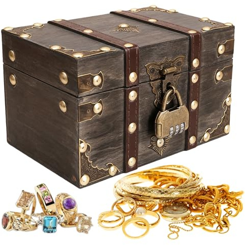 VEGOATY Coffre au trésor vintage avec serrure : 18 x 11 x 10 cm Coffre au trésor rétro pirate avec serrure pour la décoration de la maison, coffre au trésor en bois pour ranger et décorer des cadeaux