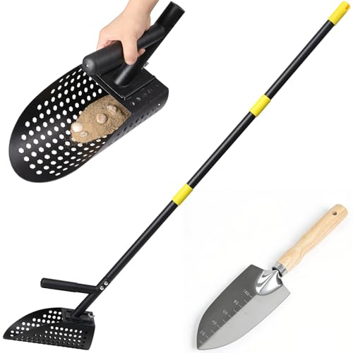 Paletta per la sabbia per il rilevamento di metalli, manico lungo con pala metal detector per spiaggia, in acciaio inox, setaccio per sabbia per caccia subacquea, nero