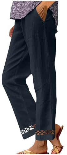 NSICBMNO Wide Leg Trousers, Womens Linen Trousers Straight Leg Joggers Lightweight Summer Elasticated Waist Bottoms Loose Lounge Pants Hollow Out Yoga Pants, Navy