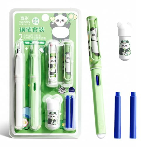 Nurila Radierbarer Füller Set, 2 Radierbarer Füllfederhalter mit 2 Tintennachfüller und Werkzeuge, Füllfederhalter, Füllfeder für Schule, Büro (Blaue Tinte, Panda-Thema)