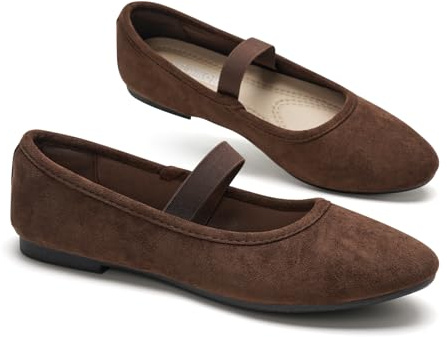 GLAMORA Merceditas Mujer Bailarinas Manoletinas Mary Jane Ante Sintético Tira Elástica Zapatos Planos Flexibles Antideslizantes Transpirables Plantilla Acolchada Suela Goma brown-37