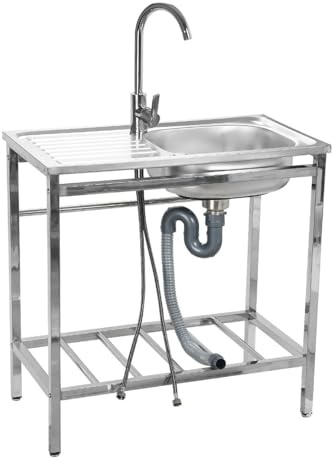 TAXXII Fregadero de Cocina de Acero Inoxidable, estación de Servicio Exterior con Grifo, Banco de Trabajo Independiente de un Solo Seno, para Uso Comercial, Restaurante, lavandería, casa
