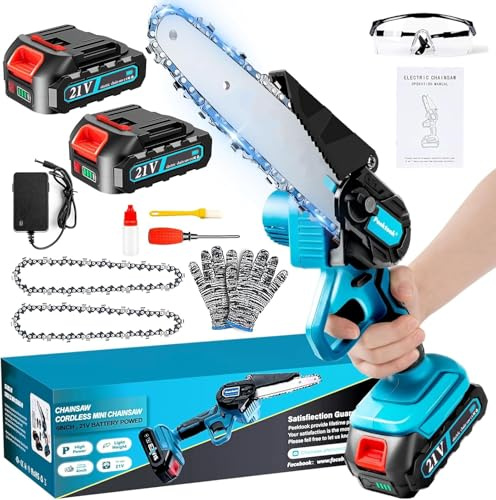 Mini Tronçonneuse à Batterie, 1000W Moteur Brushless, 6 Pouces Tronçonneuse Électrique Sans Fil avec 4000mAh Batteries de Grande Capacité, 2 Chaînes et Verrou de Sécurité pour Coupe de Bois et Jardin