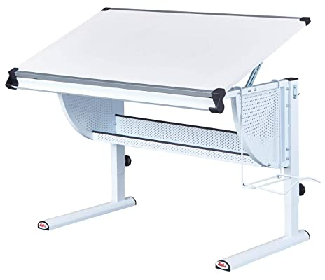 Inter Link – Höhenverstellbarer Schreibtisch – Kinderschreibtisch – Schülerschreibtisch – Neigbare Arbeitsplatte – Schultaschen Ablage - Aus Metall Weiß - Leisten in Pink Grün und Weiß – Matts 3in1