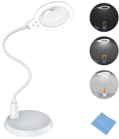 Delixike Lente di ingrandimento 5x, con luce e supporto, lampada LED dimmerabile a mani libere, ideale per lettura, hobby, cucito, artigianato, Bianco
