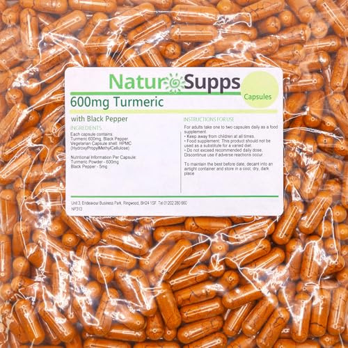 Natur Supps Turmeric and Black Pepper Capsules High Strength 600mg, Vegan and Vegetarian Turmeric Curcumin Supplement, Pack of 365, Superior Absorption to Tablets