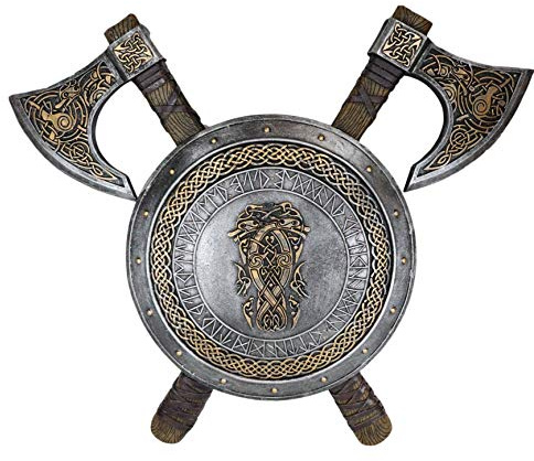 Ebros Norse Viking Warrior Coat of Arms Ragnar Serpents Ornate Round Shield with Crossed Axes Wall Plaque Decor Figurine Made of Resin Ancient Gods Berserkers Wars Old World Accent