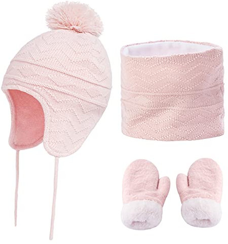 CheChury Enfant Bonnets Oreillette et Écharpes en Tricot Fille Épais Chaud Pompon Chapeaux avec Tour De Cou Bonnet Garçon Chaud Sets Gants Hiver Chapeau Ensemble 1-6 Ans,Rose,L