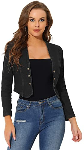Allegra K Veste en jean pour femmes, sans col, ouverte sur le devant, décontractée, courte Noir L