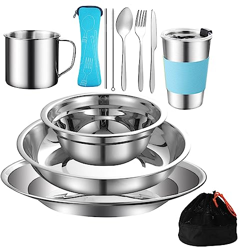 MOUFIER Outdoor Camping Cutlery Set Stainless Steel Utensils for 1-2 Person Camping Tableware Mess Kit Complete Dinnerware Set 12 in 1 Flatware Kit with Mesh Bag for Camping, Backpacking, Hiking