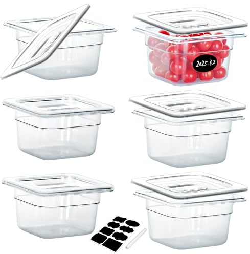 BIEAMA 6 Pack NSF Food Pans with Lids, 1/6 Size 4'' Deep Commercial Food Storage Containers, Polycarbonate, Clear