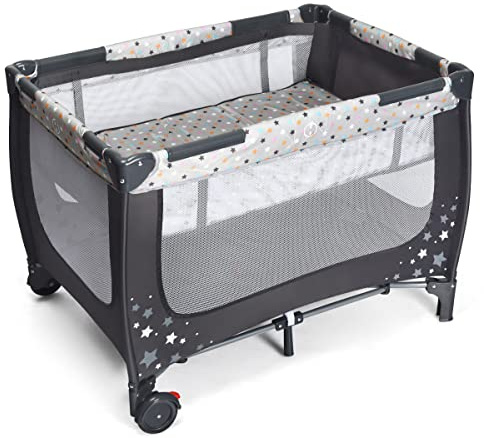 DREAMADE 2 in 1 Babybett, 125 × 65cm Beistellbett Faltbar, Baby Reisebett mit Rädern & Bremse, Kinderbett Laufgitter für Baby ab Geburt bis 36 Monate (Grau)