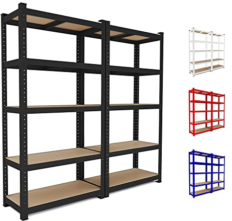 Arreditaly 2 Scaffali In Metallo E MDF Scaffale Ad Alta Portata Fino a 875 kg Con 5 Ripiani Regolabili Ideale Per Garage Officina Cantina Capannone Magazzino Design Modulare 180 x 90 x 40 cm (Nero)