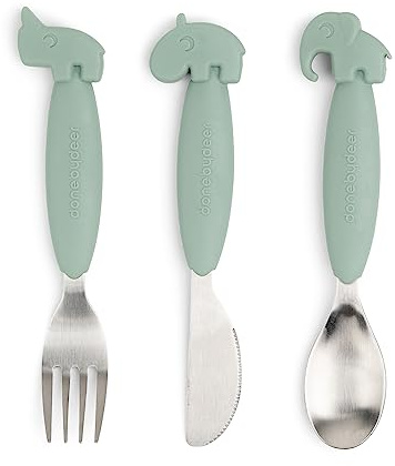 Done by Deer Easy Grip Set Couvert Bebe et Enfant (Cuillère, Fourchette, Couteau pour Bébé) - Ergonomique - Manches en Silicone Antidérapant - Passe au Lave-Vaisselle