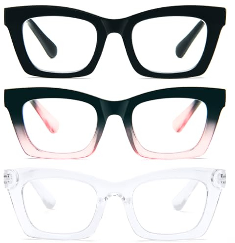 KoKoBin 3 packs lunettes de lecture anti-lumière bleue,Femmes Poids léger Branches a Ressort informatique Lunettes Loupe Lunettes de Vue carré (Noir Noir Rose Transparent, 2.50, Dioptres)