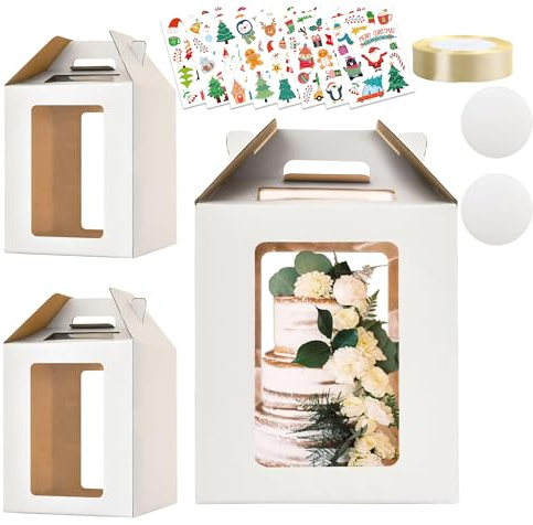 Wuciray 2pcs Boîte de Transport pour Layer Cake en Carton avec Ruban et Autocollant - Présentoir Transparent Haute pour Gâteau