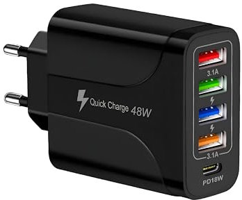 Caricatore Multiplo Usb C Prese Usb Multiple 48W 5 Porte 1 PD/QC 3.0 Compatibile con Samsung/Xiaomi/Huawei Smartphone Airpods Caricabatteria Multi USB Alimentatore MultiPresa (NERO)