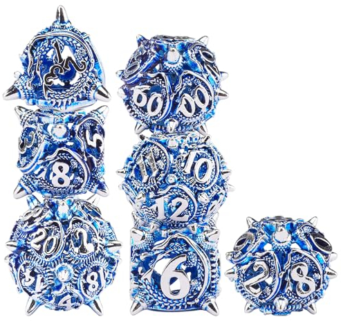 SIQUK 7 Stücke Würfel Polyedrisch DND, Würfel Metall Hohle Spiel Würfel Spielwürfel Dice Set D4/D6/D8/D10/D12/D20/D% für Dungeons and Dragons D&D MTG RPG, Blau & Silber