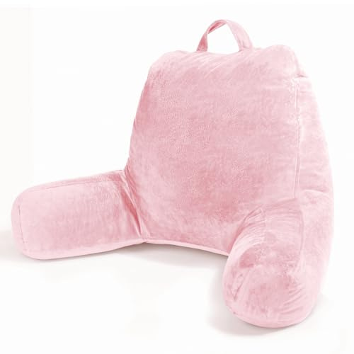 Sasttie Reading Pillow, Velvet Back Pillow for Bed Sitting Up, Adult Back-Rest Support Cushion with Arms for Sit Up on Couch, Sofa, and Floor, Dorm Essentials, Reading Accessories, Pink