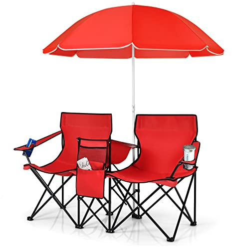 KOMFOTTEU Silla de Camping Plegable con Sombrilla, Silla de Pesca de 2 Plazas con Portavasos y Bolsa Nevera, Asiento Portátil con Bolsa de Transporte, Silla Doble de Playa, Picnic (Rojo)